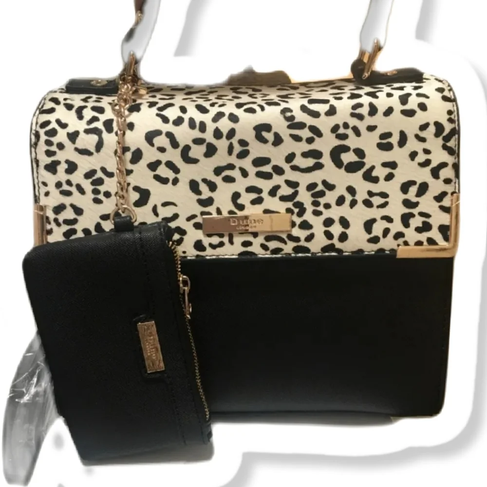 Dune London Handbag Crossbody Black Animal Print Calf Hair Leather & Wallet - Picture 2 of 10